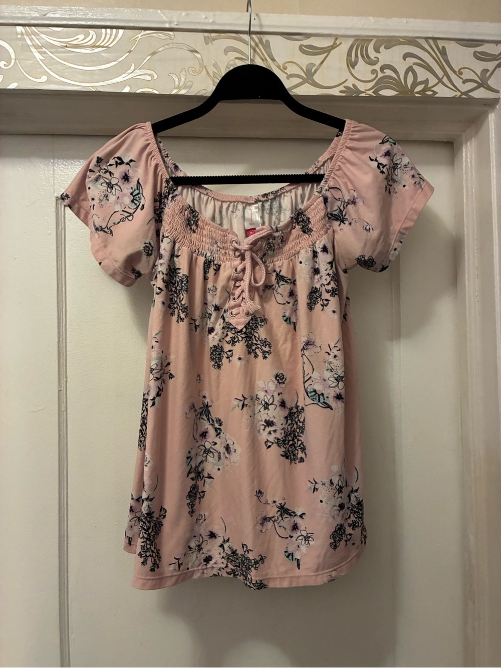 No Boundaries Pink Floral Smocked Drawstring Peasant Top